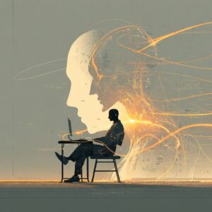 Conceptual illustration of a human head silhouette with glowing sparks and a person typing at a desk, symbolizing AI amplifying human creativity and productivity