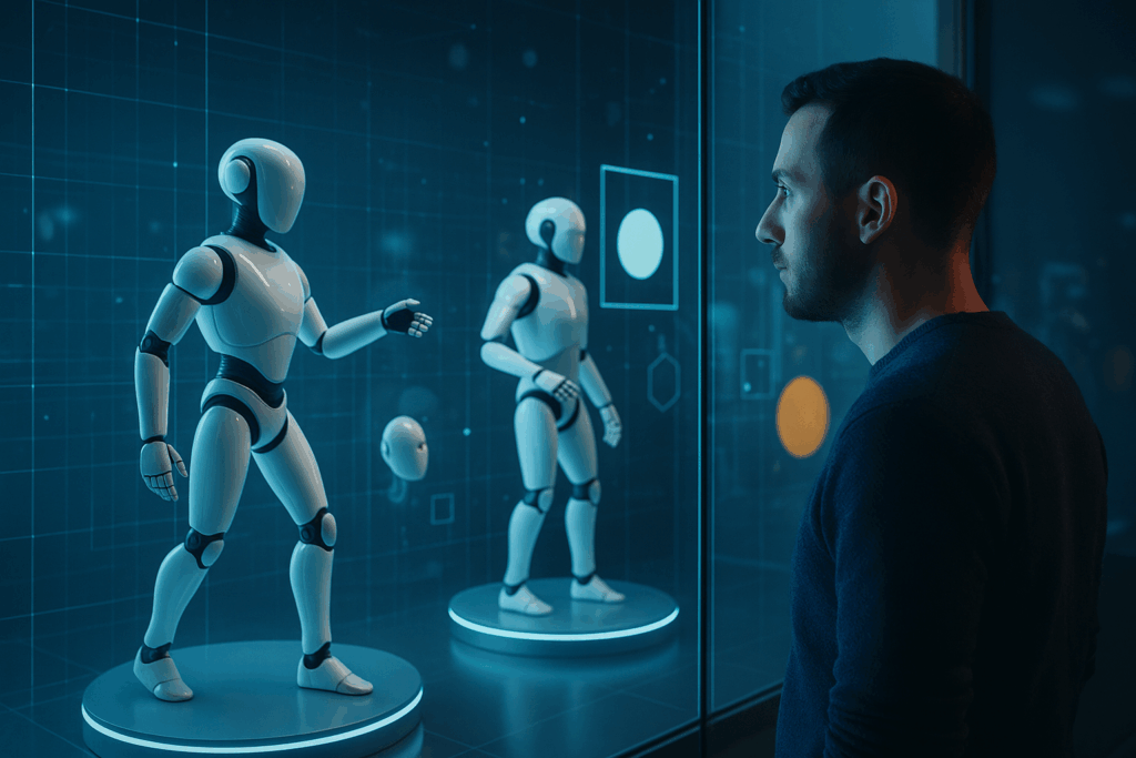 Human designer surrounded by identical robots working on holographic screens; cool blue lighting with warm accents, symbolizing originality among automation.