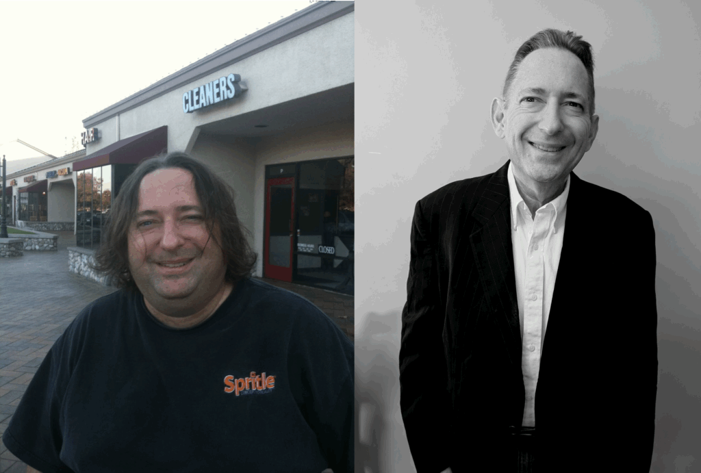 Before-and-after transformation of Doug Cuffman showing his remarkable weight loss and recovery journey after surviving a heart attack.