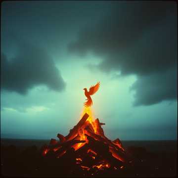 The victorious phoenix rises from the ashes and lives again.