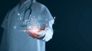Doctor holding a glowing digital interface representing artificial intelligence in healthcare, with icons for data, diagnostics, and research floating in midair.