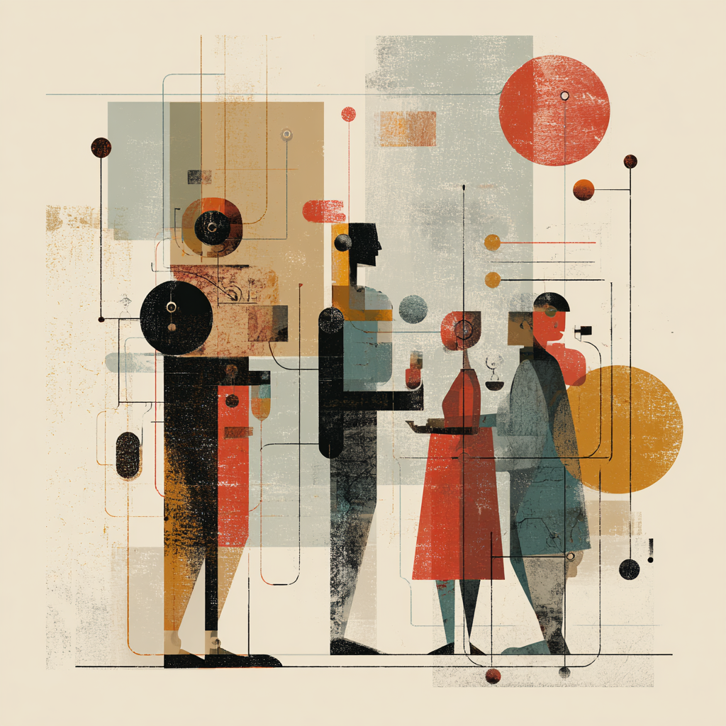Abstract illustration of people and robots interacting in a minimalist, geometric scene representing the relationship between AI and user experience design.