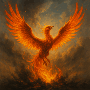 Digital artwork of a radiant phoenix rising from glowing ashes into the sky, symbolizing Doug Cuffman’s rebirth and triumph over heart failure, PTSD, and obesity.