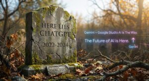 A mossy stone tombstone in a forest that reads "Here Lies ChatGPT 2022-2024" next to glowing text promoting Gemini and Google Studio AI.